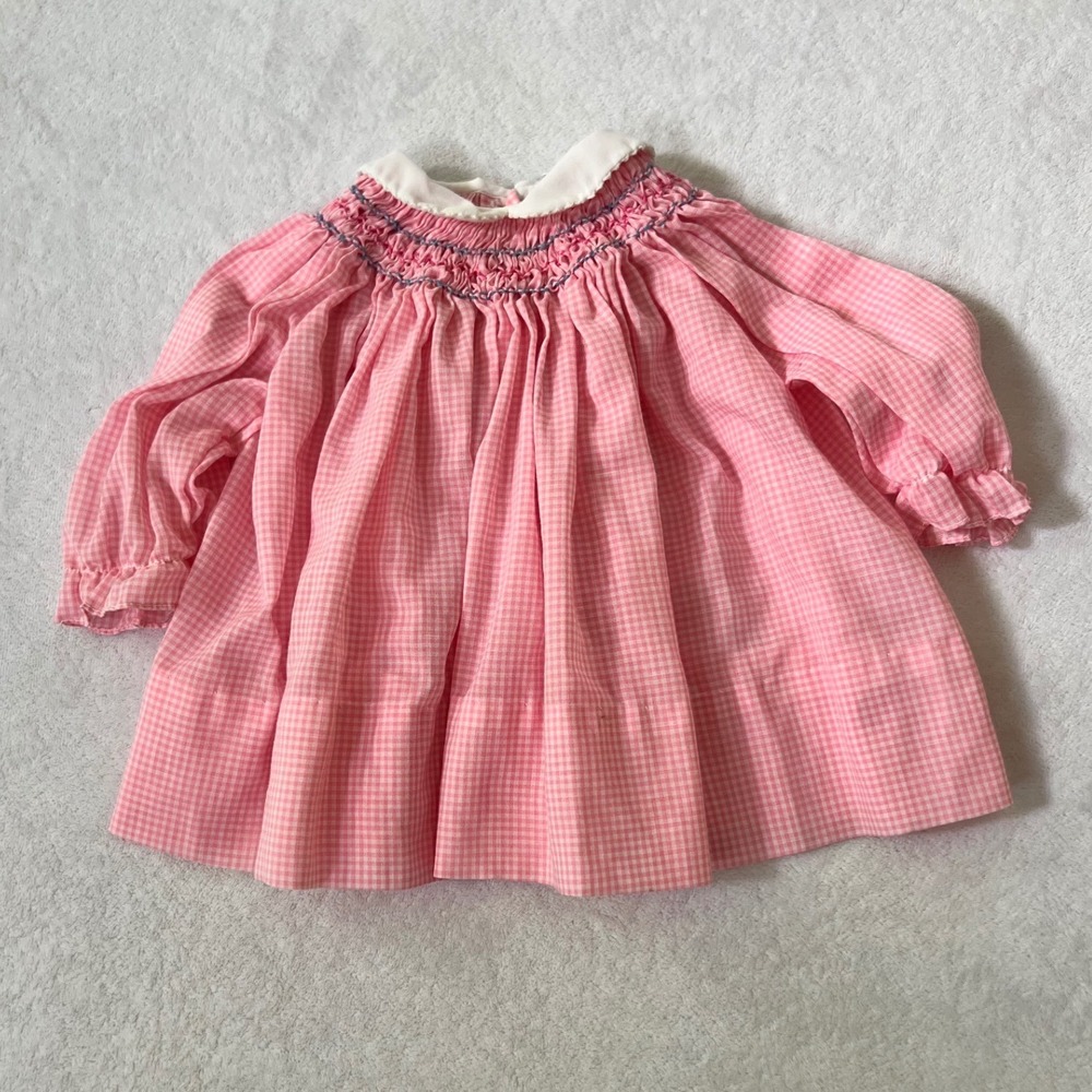 The Smockery Smocked Dress Pink Gingham Vintage Peter Pan Collar Size M